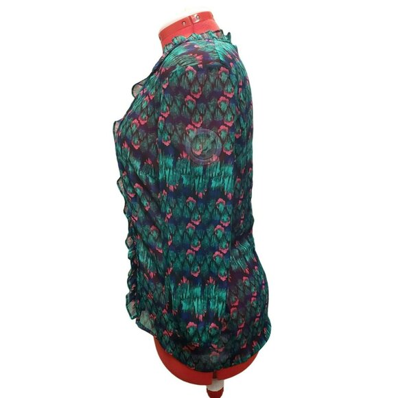Attention Sheer Ruffled Button-Down Blouse, Pink Green Multicolor, Women's L - Picture 3 of 6
